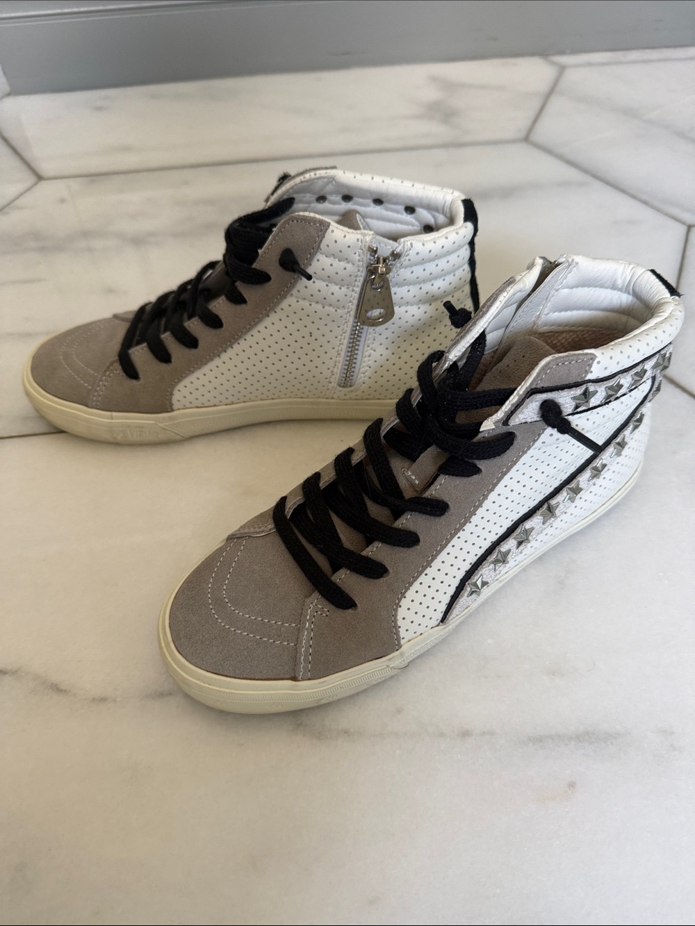 Vintage Havana White and Taupe High-Top Sneakers with Black Laces